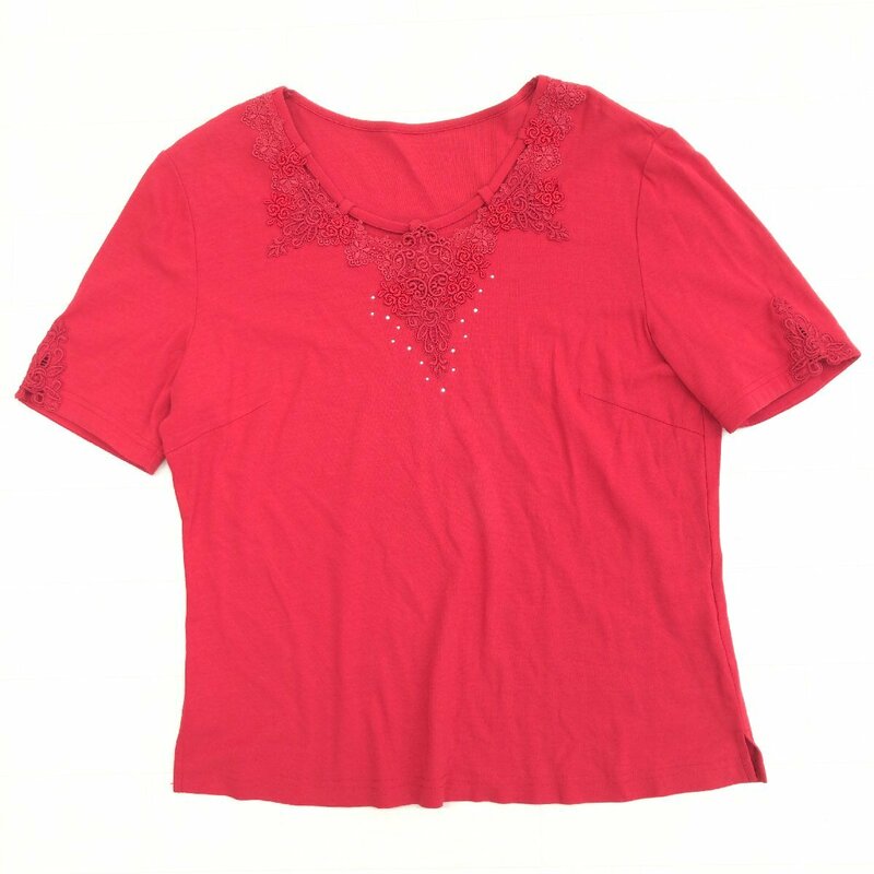 Chamois V シャミー ジオン商事 ビジュー装飾 レースカラー カットソー 11(L) 赤 レッド 日本製 Tシャツ 半袖 国内正規品 レディース