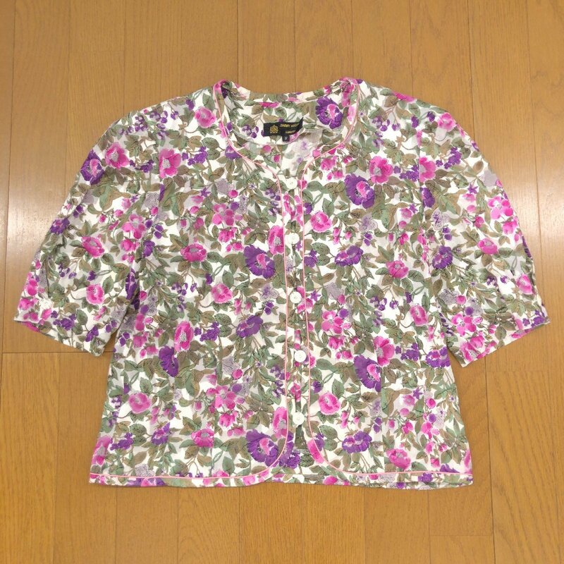 美品 HARDY AMIES ハーディエイミス ヴィンテージ 花柄 ノーカラー サマージャケット 9(M) 総柄 半袖 羽織り シースルー 古着 レトロ