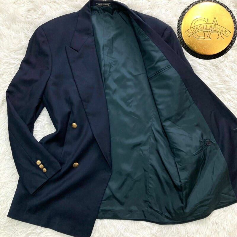 極美品 L ジョルジオアルマーニ GIORGIO ARMANI テーラードジャケット 紺ブレ ブレザー ロゴ刻印 金ボタン ネイビー メンズ 48