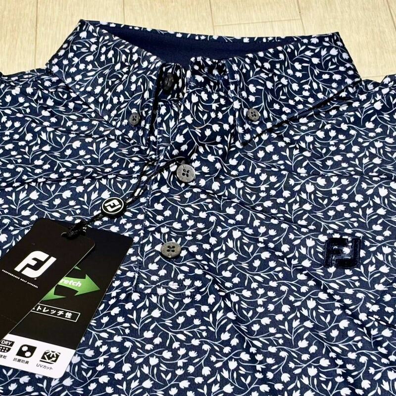 新品★FootJoy フットジョイ スモールフラワープリント 吸汗速乾 4Wayストレッチ 半袖ボタンダウンシャツ★ネイビー★サイズL★送料185円