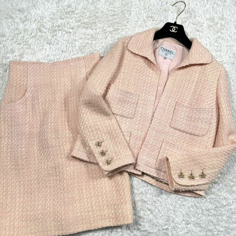 CHANEL ビンテージ ツイード スーツ セットアップ 40 シャネル カメリアボタン ピンク アイボリー ジャケット スカート vintage ウール