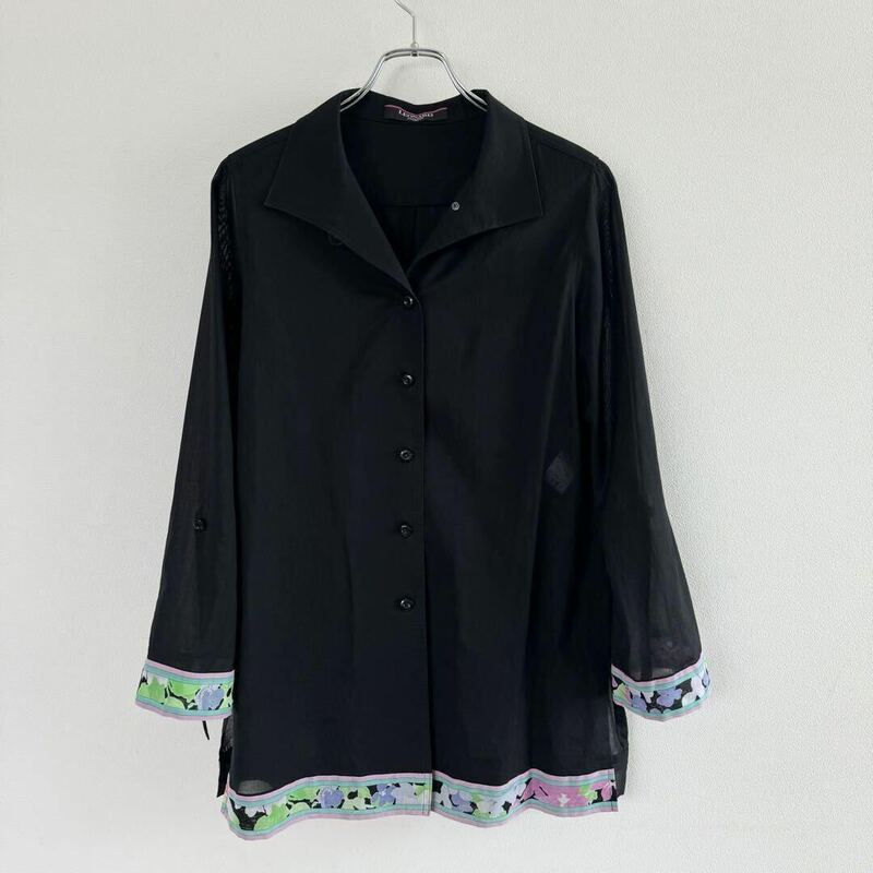 美品 高級 LEONARD FASHION レオナール ロングシャツ オープンカラー 花柄 ブラック 無地 長袖 コットン シースルー