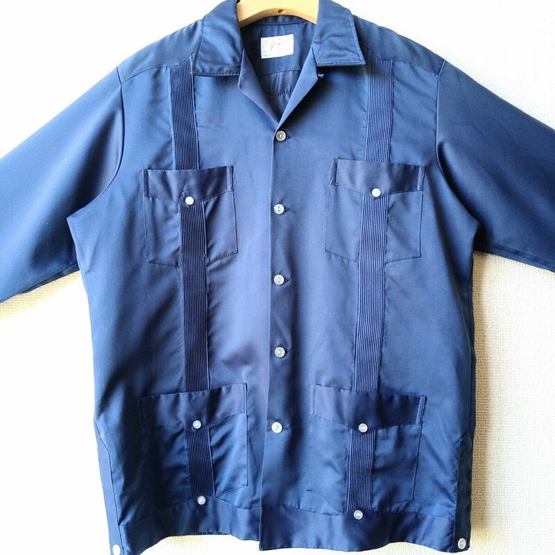 70s 80s ヴィンテージ Yucataca キューバシャツ 長袖 ネイビー 38 M程度 刺繍 オープンカラー ボックスシャツ 