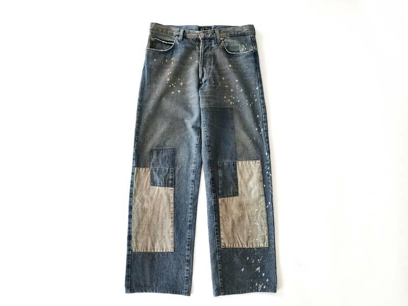 90s00s Armani Jeans Archive イタリア製 ペンキ ブリーチ パッチワーク ダメージ バギーデニム インディゴ 片ポケ 60s70s80s Euro Vintage