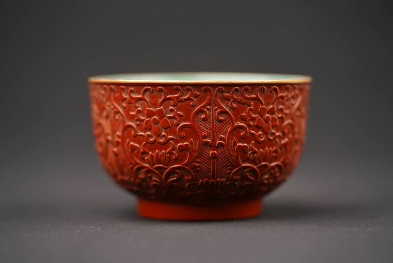 【竹華】中国古美術 置物 茶碗 茶道具 朱砂釉 陽刻 清時代 古玩 骨董品 時代物