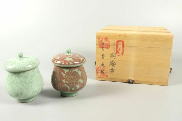 5540■東谷 金正黙 高麗青磁 夫婦茶器 共箱 韓国陶窯 茶道具