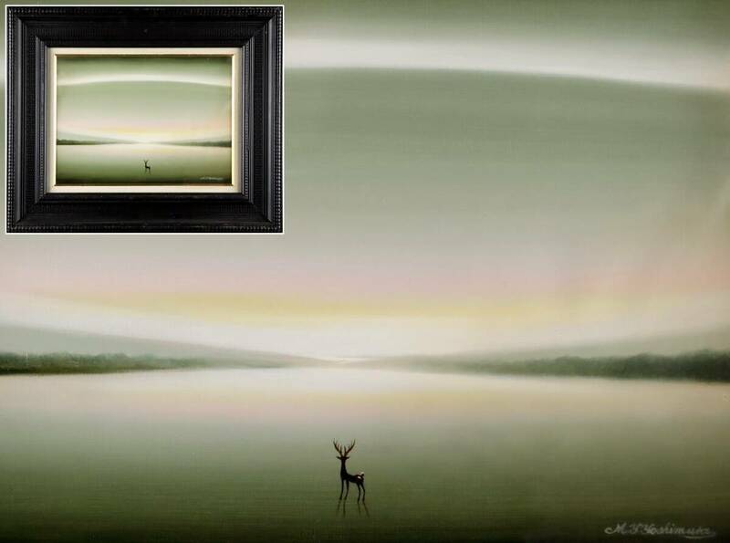 真作保証 吉村明峰 「光の音」 油彩4号 鹿のいる湖畔・詩的情景 [K17WW]