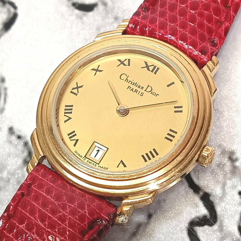 Christian Dior ディオール ゴールド カレンダー アナログ クォーツ 腕時計 不動品 コレクション ジャンク nmx-1008