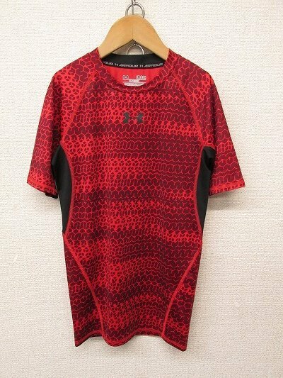 I3677：UNDER ARMOUR(アンダーアーマー)#1257477 ヒートギア 半袖コンプレッションシャツ SM トレーニングウェア 赤/総柄/メンズ：3