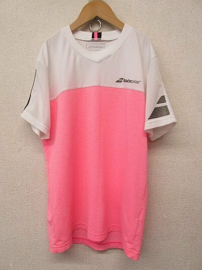 I3679：Babolat(バボラ）バイカラー テニスウェア 半袖Tシャツ ゲームシャツ L トレーニングウェア 白ピンク ユニセックス？：3 