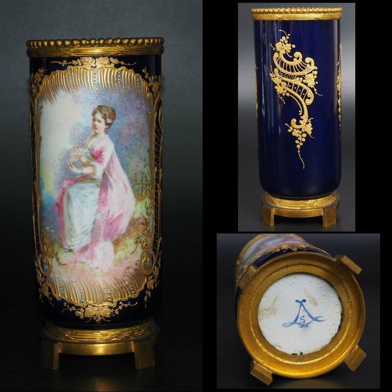 【金富士】18世紀1771年製　総手描き細密画 セーブル花瓶　古玩骨董西洋アンティーク　