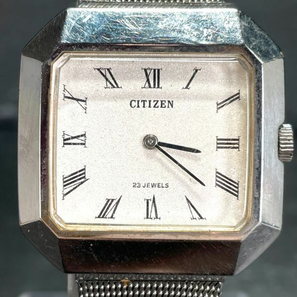 CITIZEN シチズン 4-674197S 23石 腕時計 アナログ 手巻き ステンレススチール ホワイト文字盤 スクエア シルバー メンズ 動作確認済み