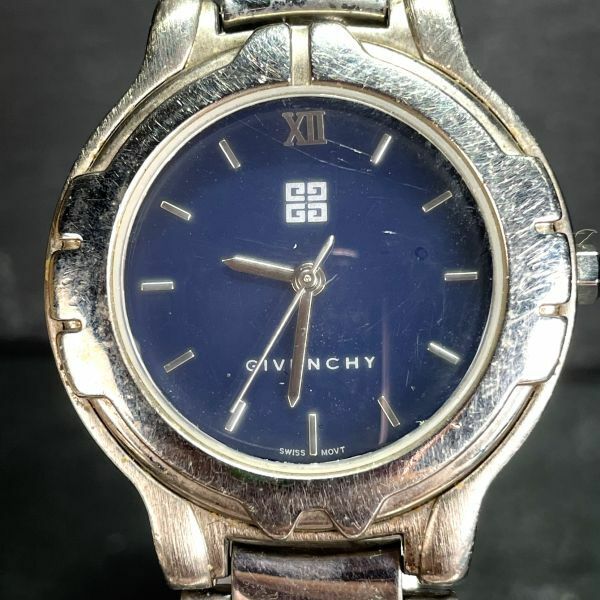 GIVENCHY ジバンシー 腕時計 アナログ クオーツ ネイビー文字盤 3針 シルバー ステンレススチール メンズ 新品電池交換済み 動作確認済み