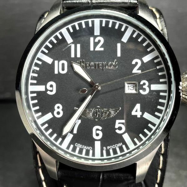 Nesterov ネステロフ H006002 腕時計 アナログ クオーツ カレンダー 3針 ブラック文字盤 メンズ レザーベルト 新品電池交換済み 動作確認済