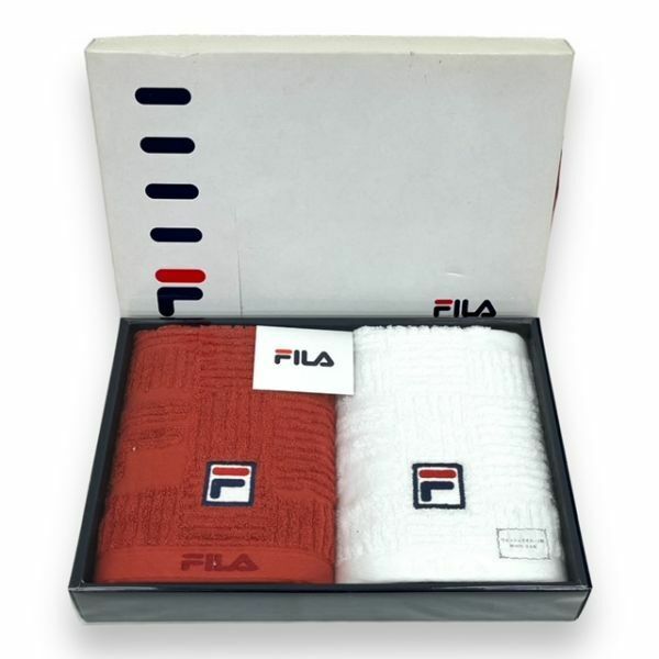 新品 FILA フィラ タオル ウォッシュタオル 小物 雑貨 実用品 インテリア 綿100％ 2枚セット レッド ホワイト スポーツ 箱付き