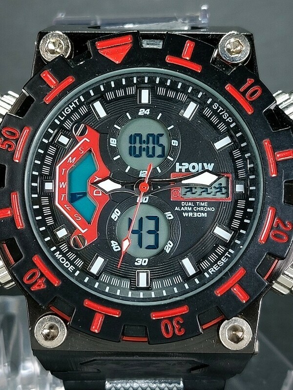 HPOLW SPORT スポーツ FS-628 デジアナ 腕時計 ブラック ビッグフェイス レッド ラバーベルト ステンレス 新品電池交換済み 動作確認済み