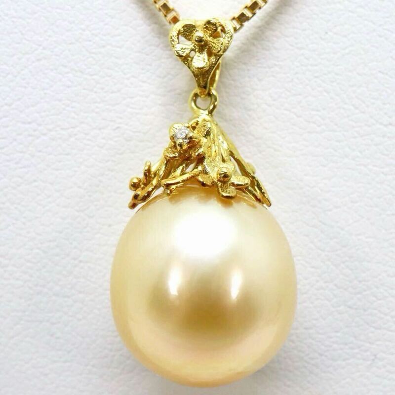 大珠!!良品!!＊K18南洋ゴールデンパール/天然ダイヤモンドペンダント＊m 約11.0g golden pearl diamond pendant necklace jewelry EF8/EG1