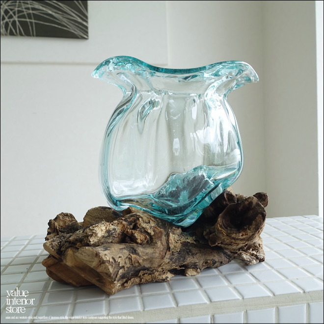 硝子フラワーベースTuli/02 花瓶 メダカ鉢 めだか鉢 プリミティブガラスベース 吹きガラス 手作り 一点物 自然な様2.3kg
