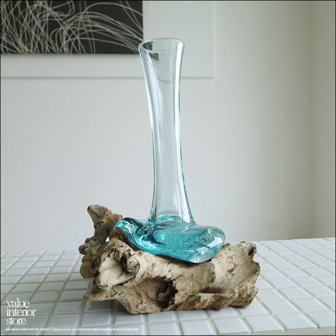 硝子フラワーベースSin02 花瓶 プリミティブガラスベース 手作り 一輪挿し 一点物 ハンドメイド 無垢材 自然な様