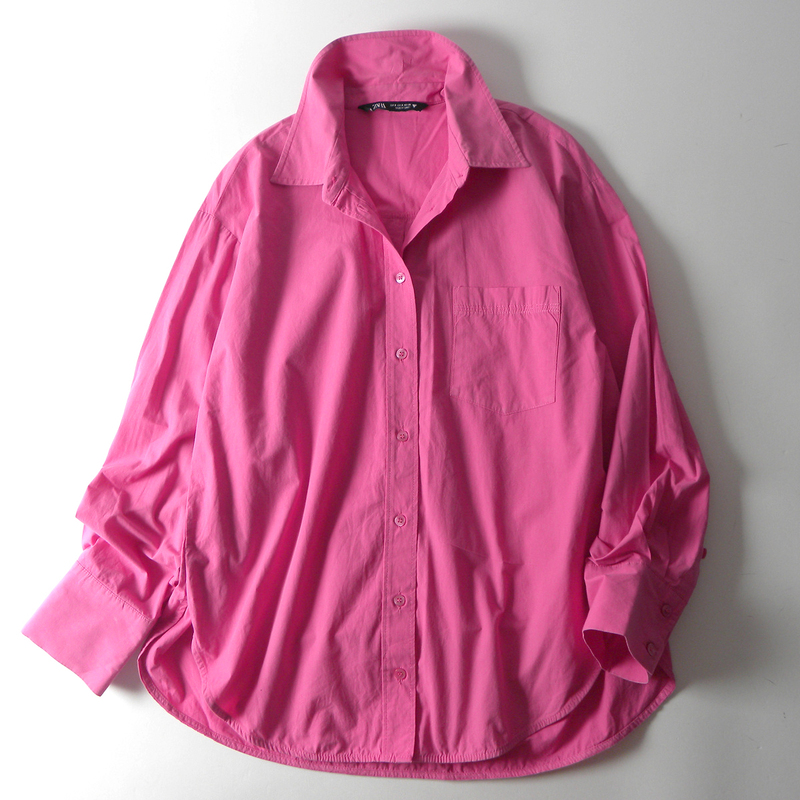 ザラ ZARA 肩掛けや羽織りにもなる コットン100％ ポプリンシャツ ブラウス 長袖 大人可愛い 差し色 原色カラー ピンク l0507-5