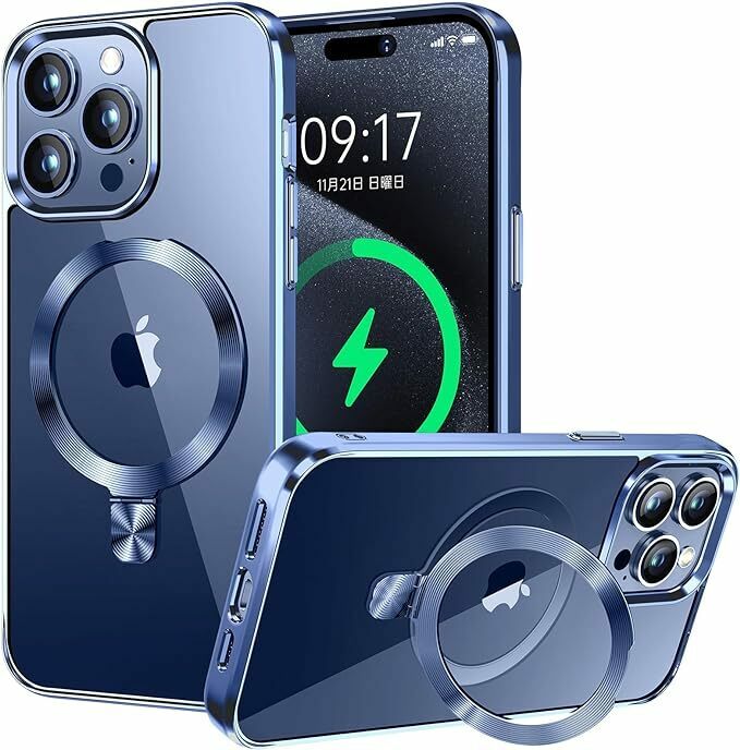【CD MagSafeリング】iPhone 15 Pro 用クリアケース ストラップホール付き 角度調整可 MagSafe対応・隠しスタンド ブルー