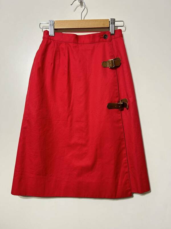 ● オールド Burberry's コットン ゴルフ 巻きスカート ラップスカート S 赤 レッド ノバチェック 台形 ミドル丈 小さいサイズ