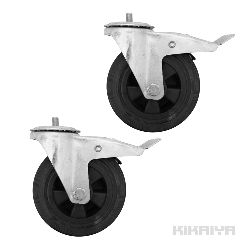 KIKAIYA 自在キャスター ネジ式 ブレーキ付 ゴム車輪 2個セット 160mm ねじ込み式 ボルト Ｍ12 ノーパンクタイヤ