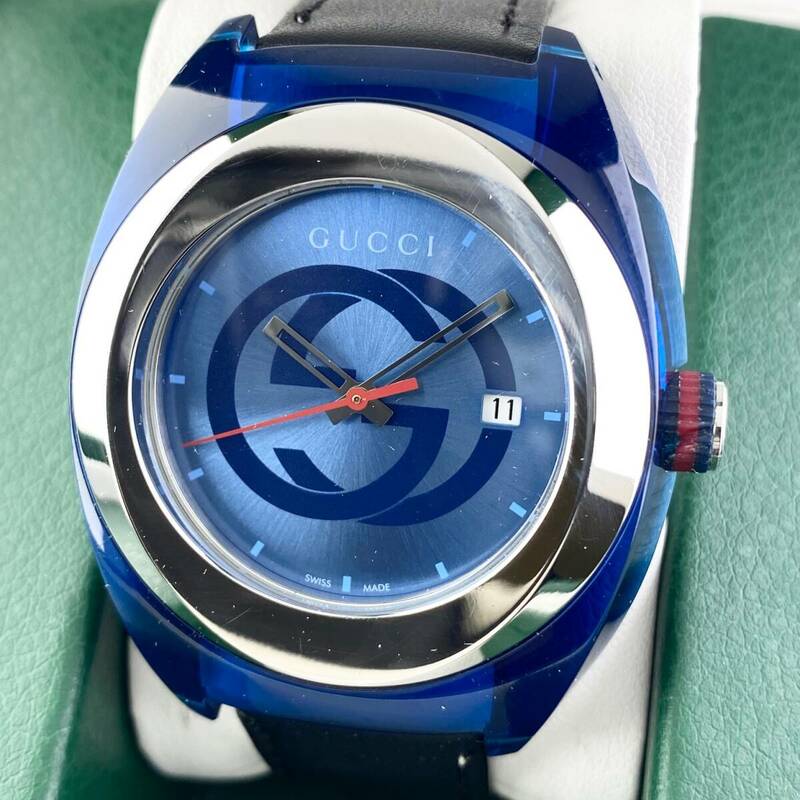 【1円〜】GUCCI グッチ 腕時計 メンズ 137.1 SYNC シンク ブルー文字盤 ラウンドフェイス シェリー デイト 可動品