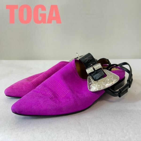 H0025★7 名作 TOGA PULLA トーガ レディース レザー アンクルストラップ 金具装飾 ポインテッドトゥ パンプス シューズ 銀 38 1/2