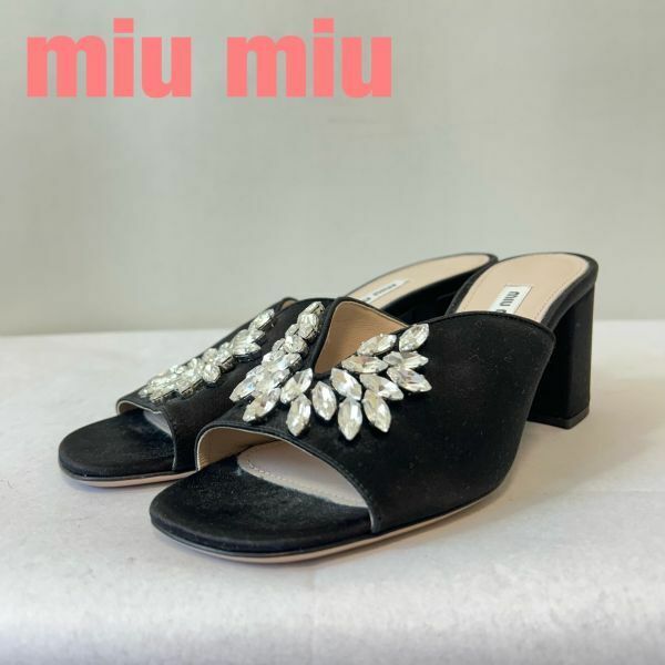 Z0013★7 近年モデル miu miu ミュウミュウ PRADA姉妹ブランド ラインストーン 金具 レザー 厚底 ヒール パンプス シューズ 靴 黒 銀 37