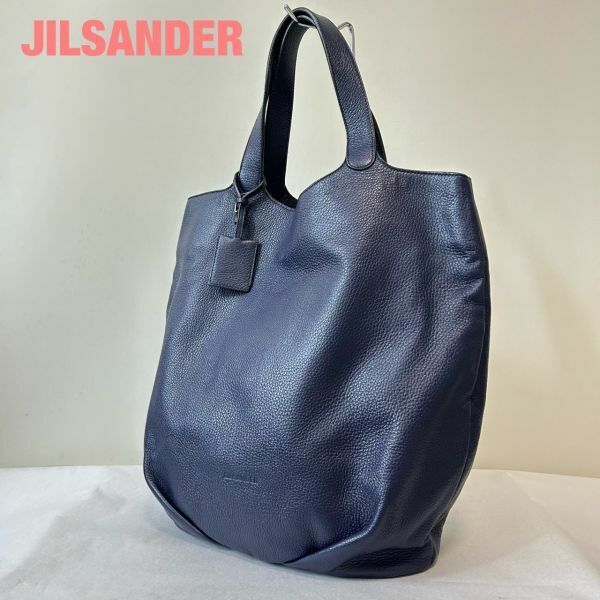 G0033★5 高級 JIL SANDER ジルサンダー レザー ロゴ 本革 セミ ショルダー ハンド トート バッグ 鞄 ダークネイビー系