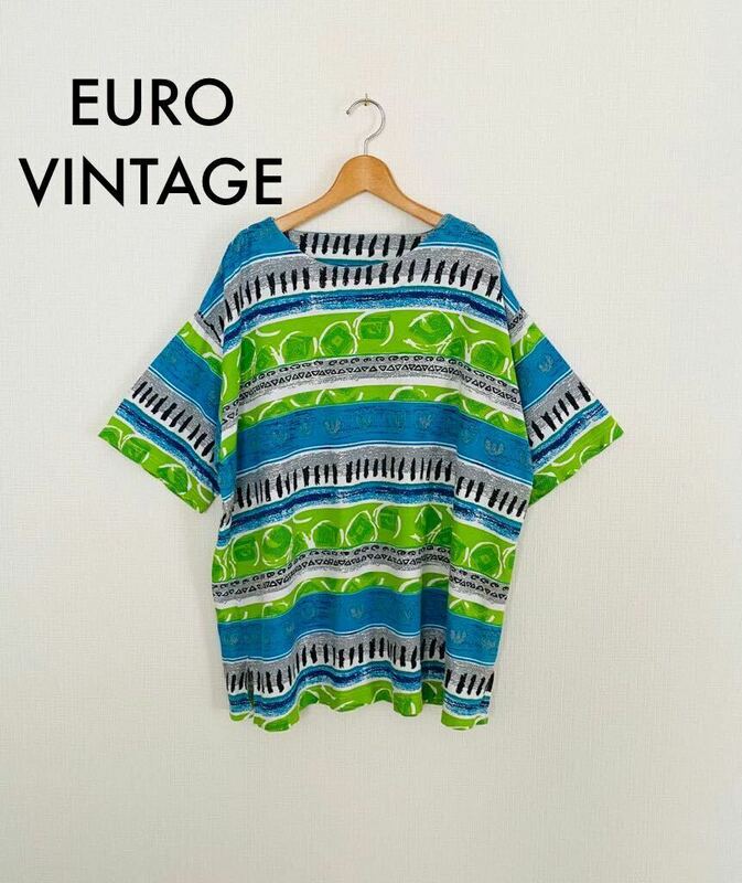 【EURO80’s-90’s】ビンテージ 総柄カットソー Tシャツ 半袖 ボーダー ゆったり 大きめ Vintage メンズ レディース