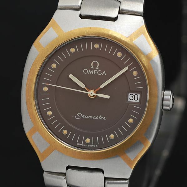 1円 QZ オメガ シーマスター 黒文字盤 デイト ポラリス メンズ腕時計 KRK 0046200