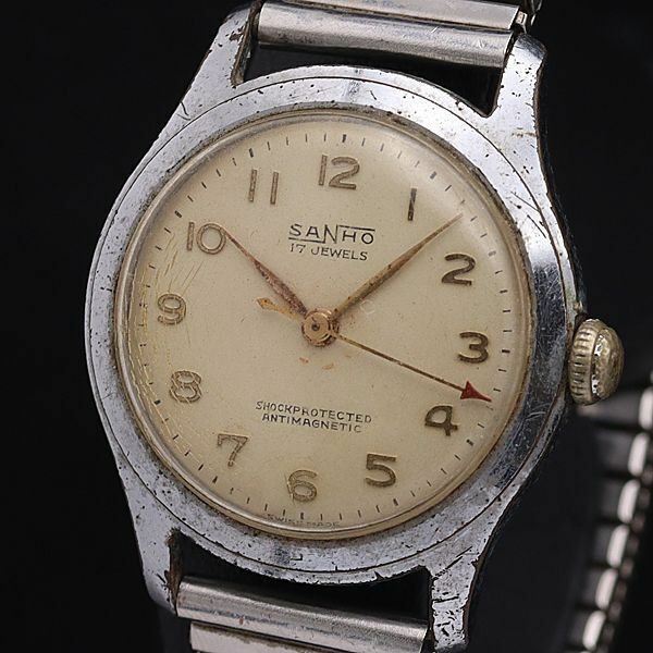 1円 稼働 SANHO 手巻き ヴィンテージ ホワイト文字盤 ショックプロテクト メンズ腕時計 KMR 0011000 5MGT