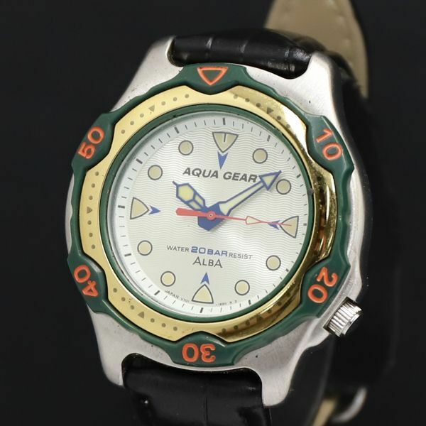 1円 稼働 QZ 良品 セイコー アルバ アクアギア V701-1590 シルバー文字盤 メンズ腕時計 KRK 0474000 5APY
