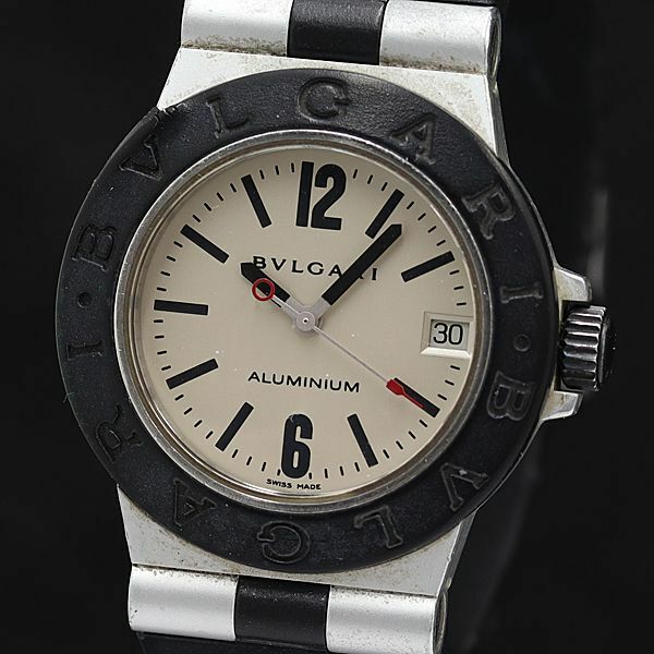 1円 保付 稼働 ブルガリ アルミニウム AL32A QZ クリーム文字盤 デイト メンズ腕時計 KMR 4271300 5KHT