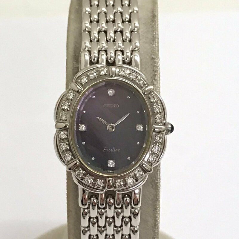 中古美品 稼働品 SEIKO セイコー エクセリーヌ 5A50-5190 シェル文字盤 4Pダイヤ+ベゼルダイヤ レディース 腕時計 質屋出品