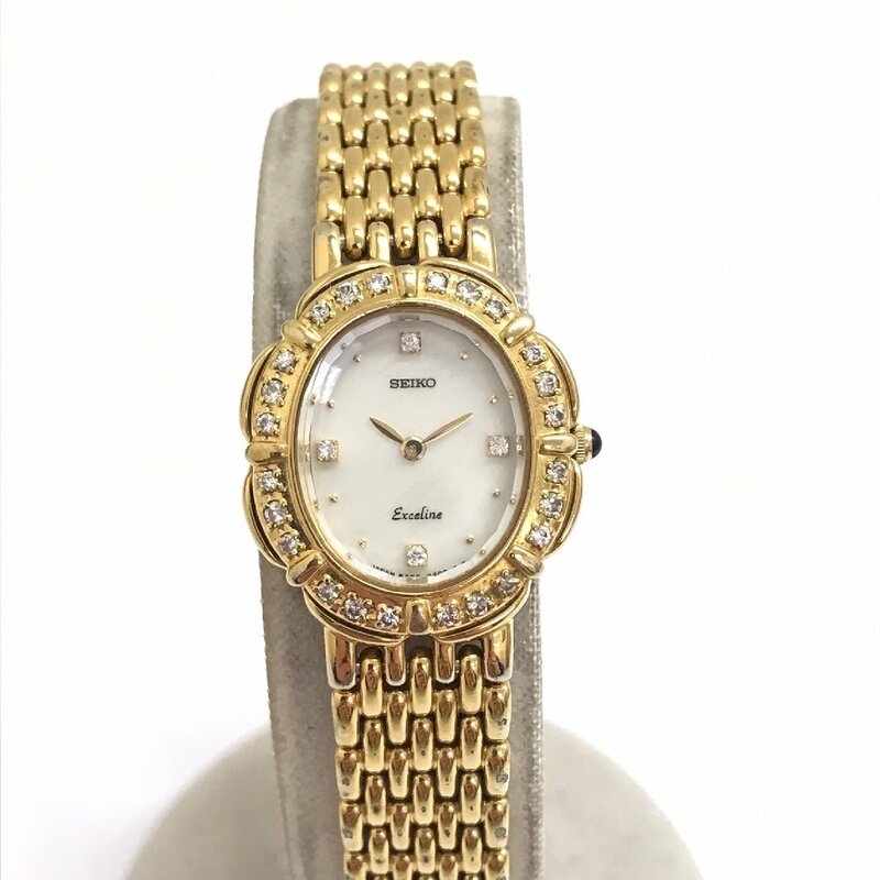 中古品 稼働品 SEIKO セイコー エクセリーヌ 5A50-5190 GP シェル文字盤 4Pダイヤ+ベゼルダイヤ レディース 腕時計 質屋出品