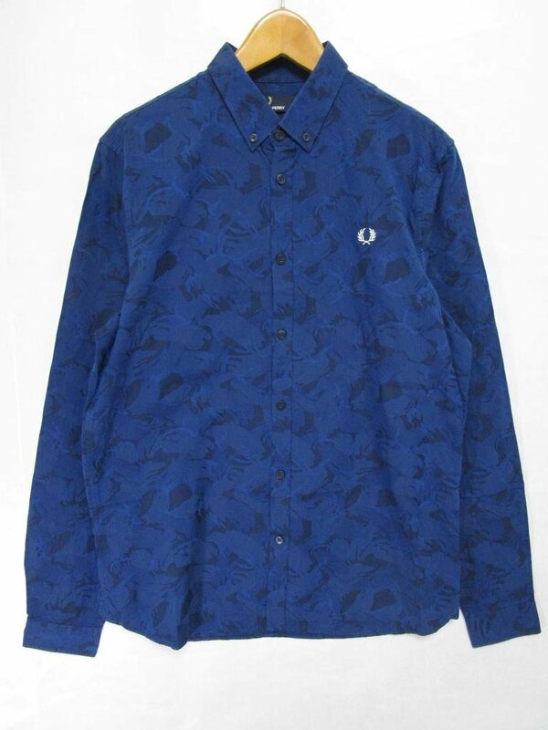 【送料込】 FRED PERRY フレッドペリー メンズ シャツ ブルー 青 フラワープリント コットン 綿100% オックスフォード sizeＭ/959493