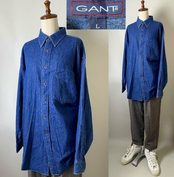 ★【美品 90年代 90s 国内正規品 マレーシア製 替えボタン付き】GANT ガント コットン100％ ボタンダウン デニム シャツ 長袖 L インディゴ