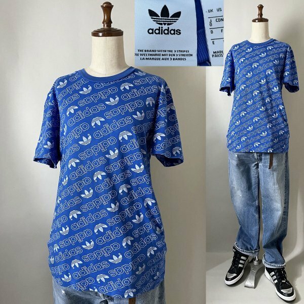 ★【国内正規品 総柄◎】Y2K 00s ビンテージ adidas アディダス コットン100% 総柄 トレフォイル ロゴ Tシャツ O(XL相当サイズ) ブルー系