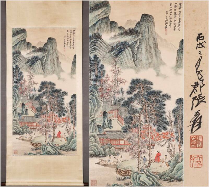 古美術 掛け軸 中国・近現代 「張大千書」 紙本 【高士泛舟図】 立軸 書道 巻き物 真筆逸品 肉筆保証 唐物 古画 LT-24578