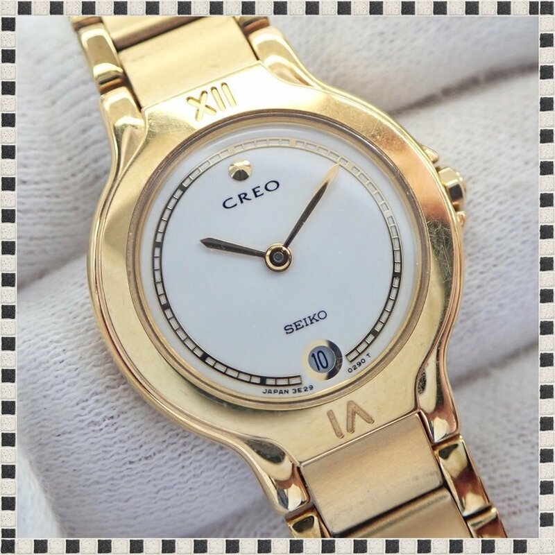 【 良品 】 セイコー クレオ 3E29-0130 デイト 白文字盤 クォーツ 23.5mm レディース 腕時計 稼動品 SEIKO CREO