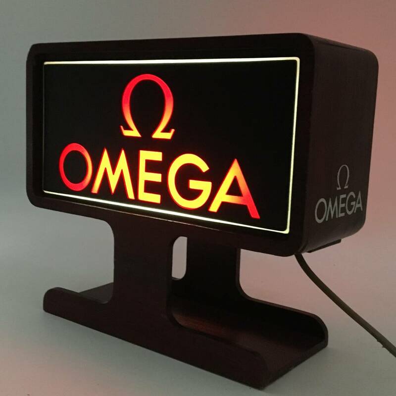希少 OMEGA/オメガ 置き型看板 ランプ スタンド看板 ビンテージ ヴィンテージ アンティーク 木製 レア 点灯確認済 24e菊E