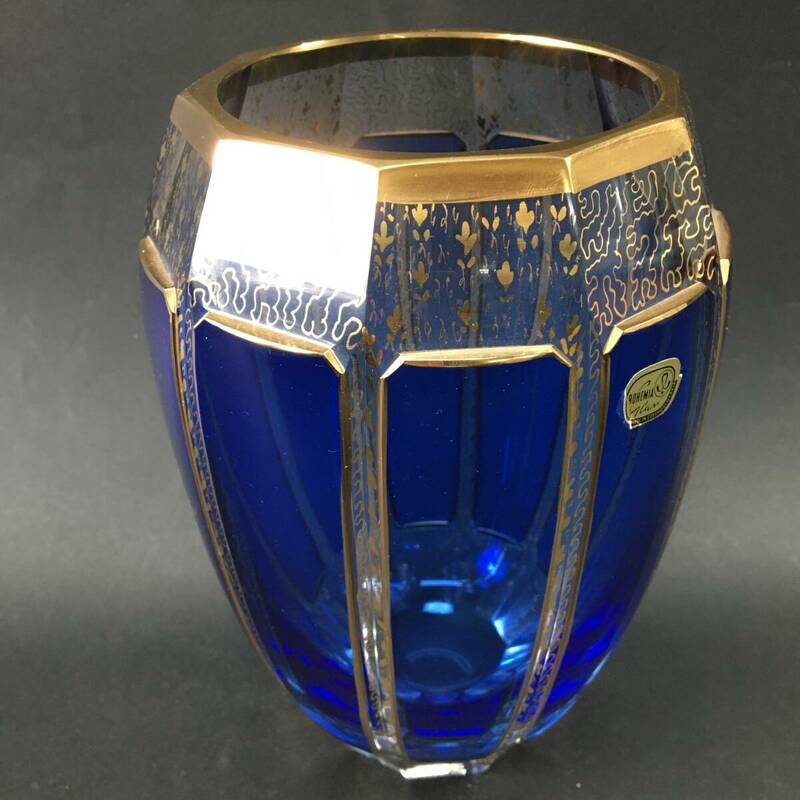 BOHEMIA GLASS ボヘミア グラス 花瓶 フラワーベース 高さ20cm ブルー クリスタル インテリア チェコスロバキア 24e菊TK