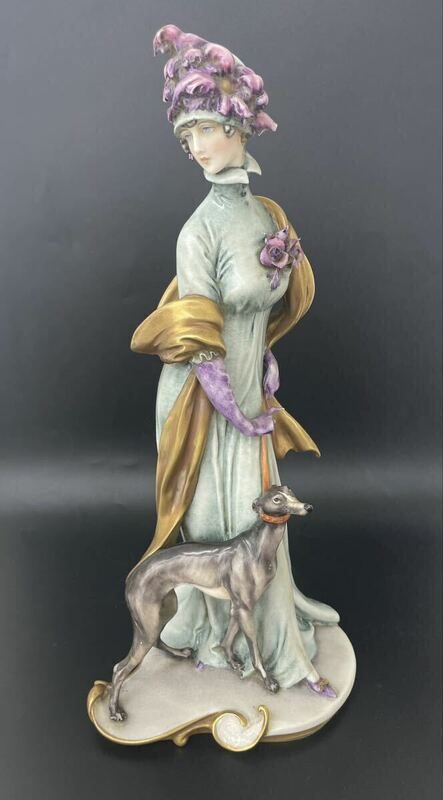 E【カポディモンテ】giuseppe cappe イタリア製　1959年　女性　犬　陶器　置物　フィギュリン　ジョセッペ・カッペ