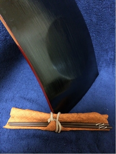 木製角型丸底赤黒漆塗盆皿約29×23×2cm&象嵌唐木箸/箸袋 未使用