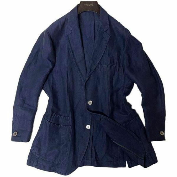 リングヂャケット【Blu e Grigio by Ring Jacket】手縫い仕立て リネンテーラードジャケット M ネイビー 美品 リゾートジャケット E083