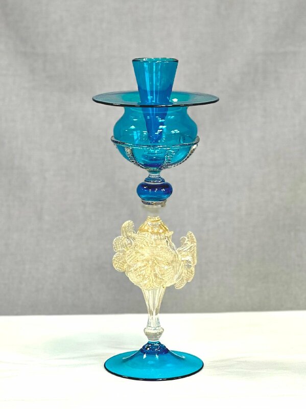 ［道］ヴェネチアングラス キャンドルスタンド ブルー 金彩 燭台 蝋燭立 ガラス工芸品 ムラノ