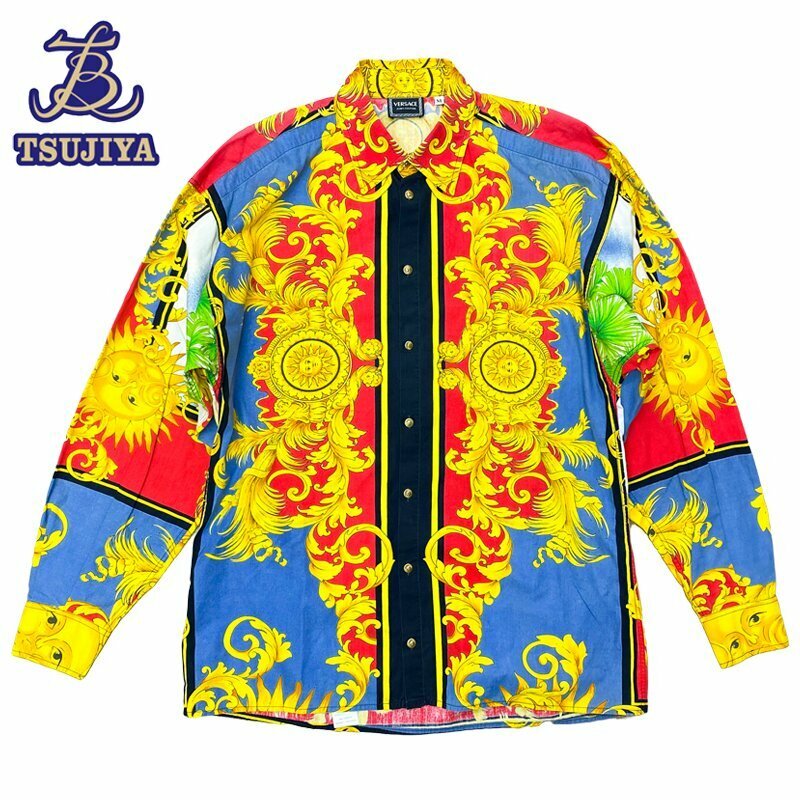 VERSACE ヴェルサーチ　ジーンズクチュール　メンズシャツ　太陽　レッド　ゴールド　コットン　#48　中古AB【辻屋質店A2709】